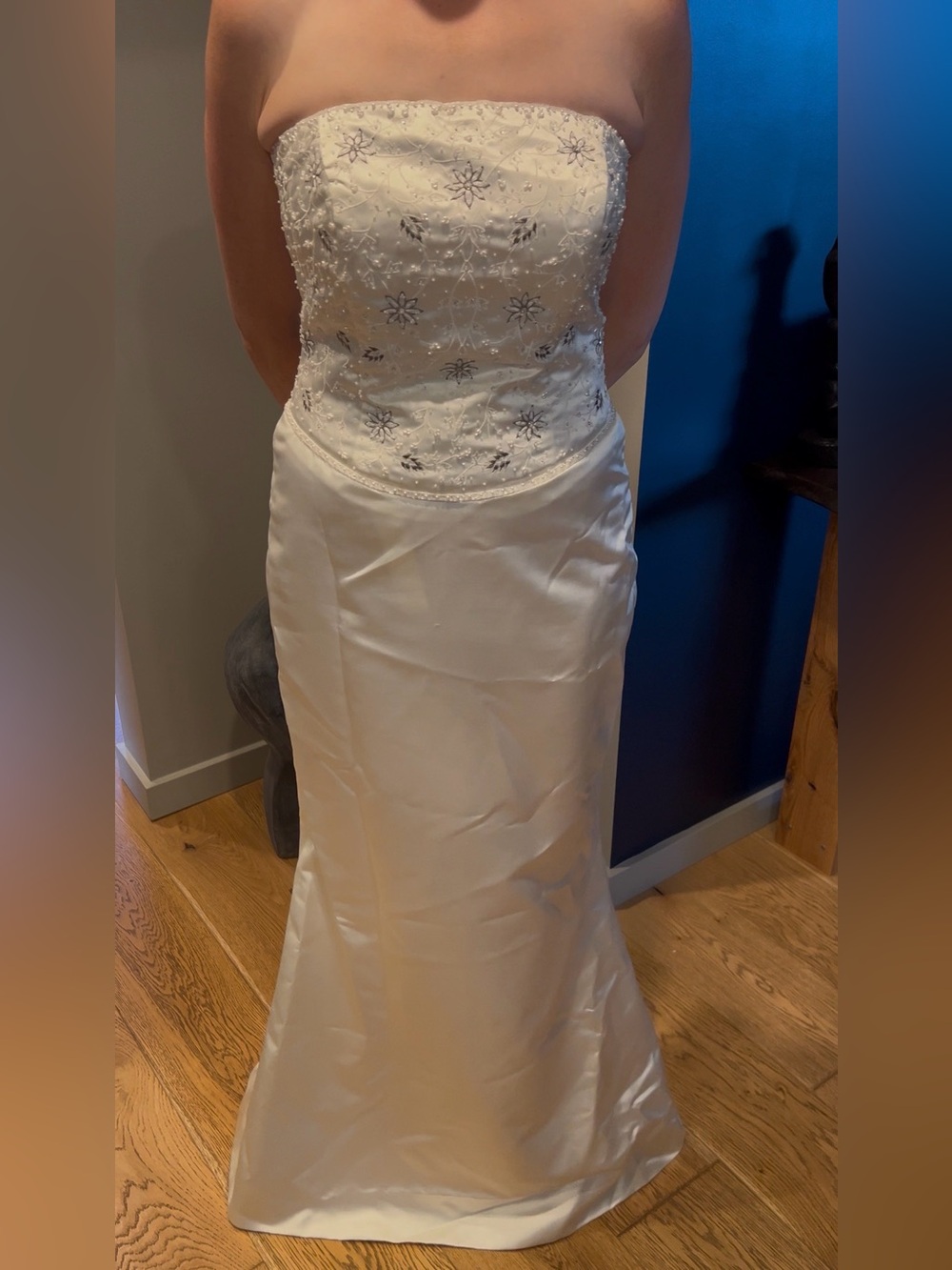 Vintage Demetrios Strapless Ivory Satin wedding Dress with Beaded Bodice